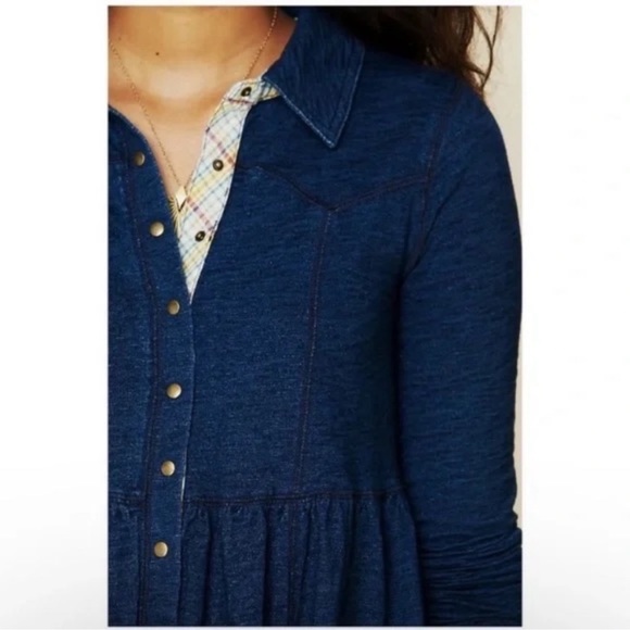 Free People Stretch Denim Knit Button Down Shirt Dress - Picture 4 of 10